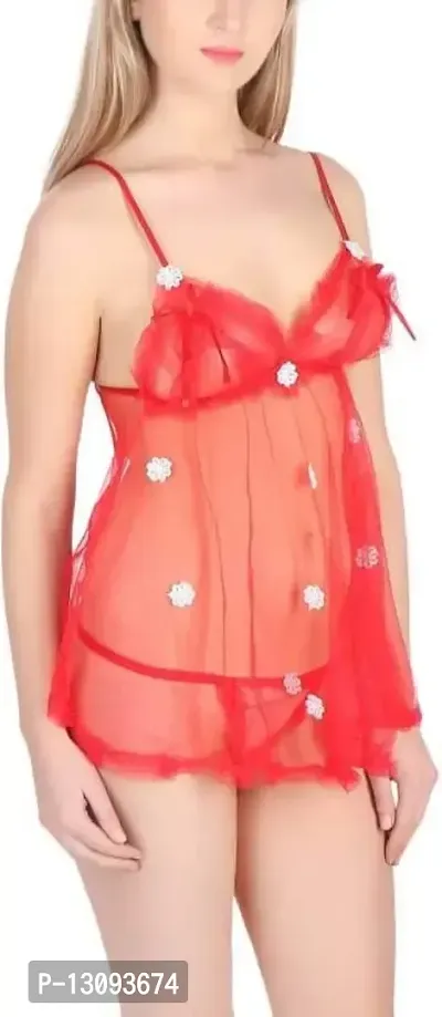 OM JANGID Women's Net Babydoll Nighty Free Size Red-thumb0