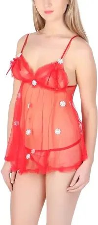 OM JANGID Women's Net Babydoll Nighty Free Size Red-thumb2