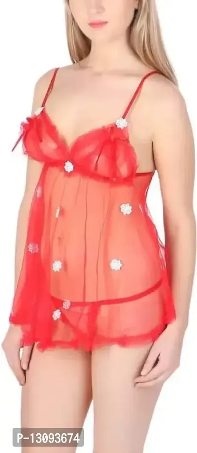 OM JANGID Women's Net Babydoll Nighty Free Size Red-thumb3