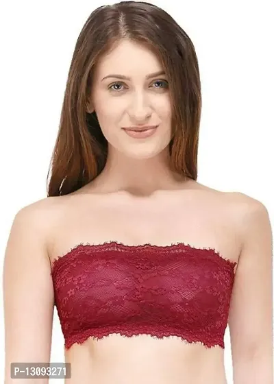 ZXS STYLE Women's Lace Tube Strapless Lightly Padded Non-Wired Bandeau Bra (Free Size- 28B to 34B) (Fit Size - 28 to 34, Black) (Free Size, Red)