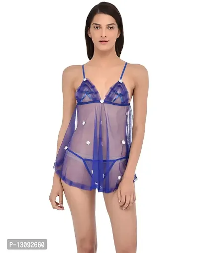 PHWOAR Babydoll Nightwear Sleepwear Lingerie Dress for Women with Matching G-String Panty (Blue)-thumb5