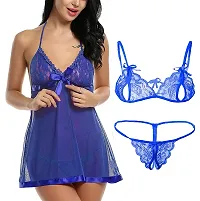 KP ONLINE Combo Offer! Women Babydoll Nightwear Lace Bra Panty Lingerie Set Blue-thumb1