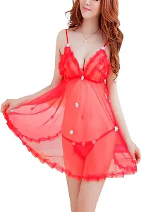 PHWOAR Babydoll Nightwear Sleepwear Lingerie Dress for Women with Matching G-String Panty (A-Red)-thumb1