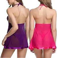 Women's Poly Cotton Solid Above knee Baby Doll Lingerie(Pack of 2) (NBE142REDCOMBO_Purple & Pink)-thumb1