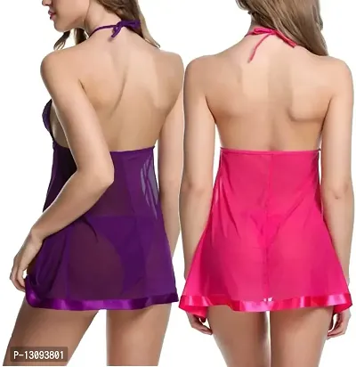 Women's Poly Cotton Solid Above knee Baby Doll Lingerie(Pack of 2) (NBE142REDCOMBO_Purple & Pink)-thumb2