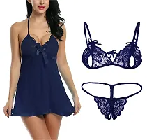 KP ONLINE Combo Offer! Women Babydoll Nightwear Lace Bra Panty Lingerie Set Navy Blue-thumb1