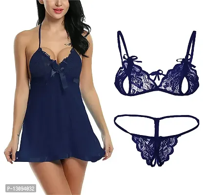 KP ONLINE Combo Offer! Women Babydoll Nightwear Lace Bra Panty Lingerie Set Navy Blue-thumb2