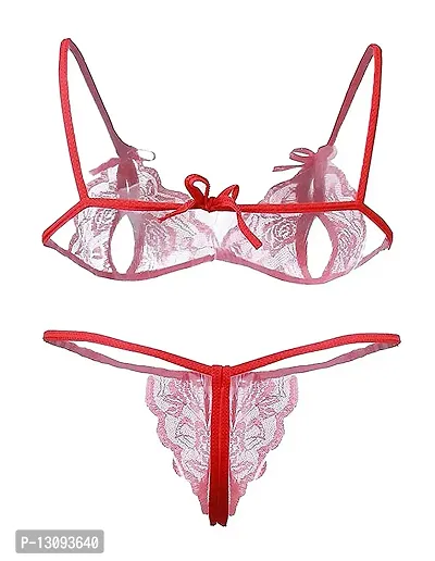 KP ONLINE Women Honeymoon Bikini Lace Bra Panty Lingerie Set Red-thumb4