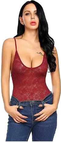 ZXS STYLE Women's Net Floral Above Knee Babydoll Dress (Free Size, Maroon)-thumb2