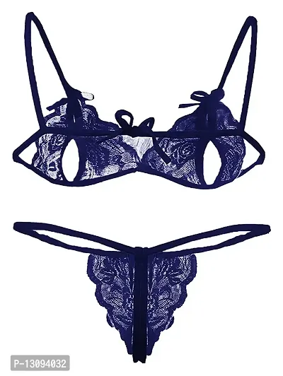 KP ONLINE Combo Offer! Women Babydoll Nightwear Lace Bra Panty Lingerie Set Navy Blue-thumb5