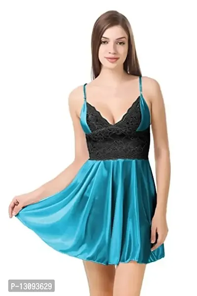 ZXS STYLE Women Satin Babydoll Night Dress Short Length Free Size| Sexy Honeymoon Lingerie for Women (Free Size, Blue)-thumb0