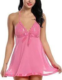 ZXS STYLE Women's Net Solid Above Knee Babydoll Lingerie Set for Women's and Girls (Free Size, Pink)-thumb2