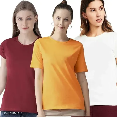 BRATMAZ Women's Regular Fit Cotton Tshirt Round Neck T-Shirt Pack of 3 Combo Tshirts for Women (L_Maroon_Mustard_White)