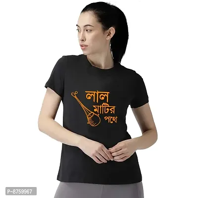 Bratma Women's Cotton Tshirt Regular Fit Lal Matir Pothe Printed Tees for Women's (Black_S)
