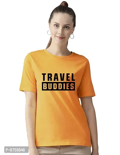 Bratma Women's Cotton Tshirt Regular Fit Travel Buddies Printed Tees for Women (Yellow_XXL Size)