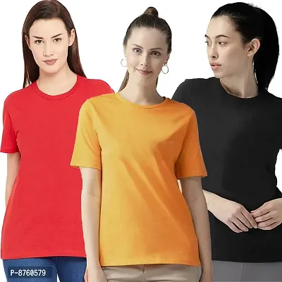 BRATMAZ Women's Regular Fit Cotton Tshirt Round Neck T-Shirt Pack of 3 Combo Tshirts for Women (M_Black_Mustard_Red)