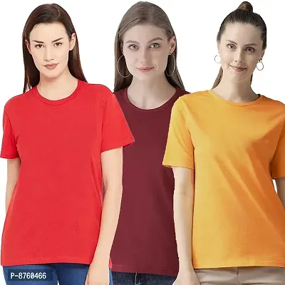 BRATMAZ Women's Regular Fit Cotton Tshirt Round Neck T-Shirt Pack of 3 Combo Tshirts for Women (L_Maroon_Mustard_Red)