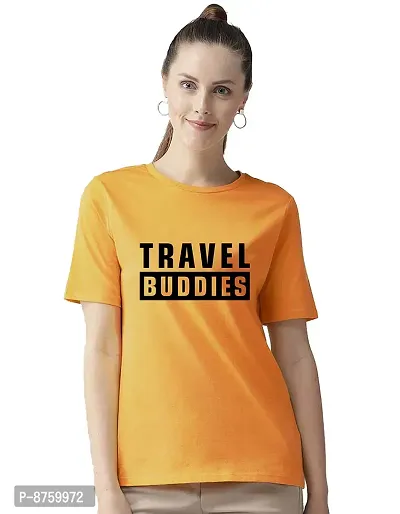 Bratma Women's Cotton Tshirt Regular Fit Travel Buddies Printed Tees for Women (Yellow_S Size)