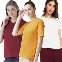 BRATMAZ Women's Regular Fit Cotton Tshirt Round Neck T-Shirt Pack of 3 Combo Tshirts for Women (XXL_Maroon_Mustard_White)-thumb1