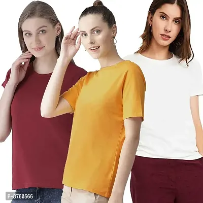 BRATMAZ Women's Regular Fit Cotton Tshirt Round Neck T-Shirt Pack of 3 Combo Tshirts for Women (XXL_Maroon_Mustard_White)-thumb2