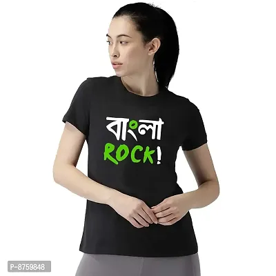 Bratma Women's Cotton Tshirt Regular Fit Bangla Rock Printed Tees for Women's (Black_M)