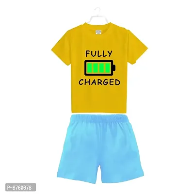 BRATMAZ Kids Cotton Clothing Set Half Sleeve Fully Charged Printed Regular Tshirt and Shorts for Boys 4Year-6Year Dress Set (Mustard  SkyBlue)-thumb0