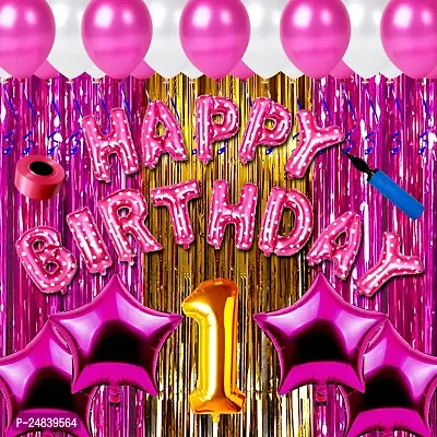 First 1st Happy Birthday Pink Color Combo Kit Items For Little Kids Adults Theme Party Decoration Items With Metallic Balloons, Foil Curtain Shimmer, Star Foil Balloons, Hand Made Balloon Pump, Happy