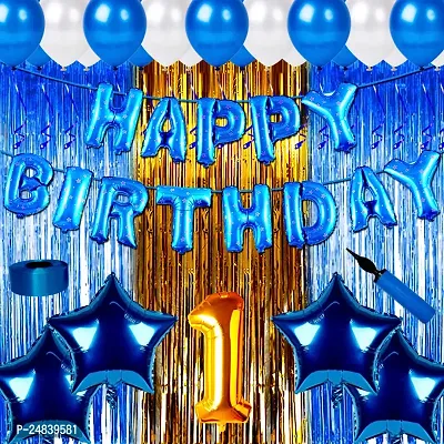 First 1st Happy Birthday Blue Color Combo Kit Items For Little Kids Adults Theme Party Decoration Items With Metallic Balloons, Foil Curtain Shimmer, Star Foil Balloons, Hand Made Balloon Pump, Happy