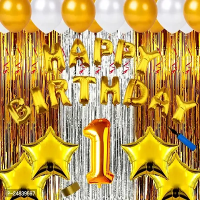 First 1st Happy Birthday Golden Color Combo Kit Items For Little Kids Adults Theme Party Decoration Items With Metallic Balloons, Foil Curtain Shimmer, Star Foil Balloons, Hand Made Balloon Pump, Happ