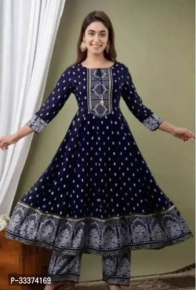 Stylish Navy Blue Rayon Kurta Bottom Set For Women