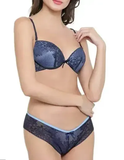 Penance for you Women's Sexy Stylish Well-Bred Classic Embroidery Lacy Push up Bra Panty Set (34, Blue)