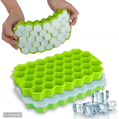 KitchenFest Eco-Friendly Food Grade Honeycomb Shape 37 Holes Silicone Ice Cube Tray Mold with Lid Cover, 1 Piece (Green)