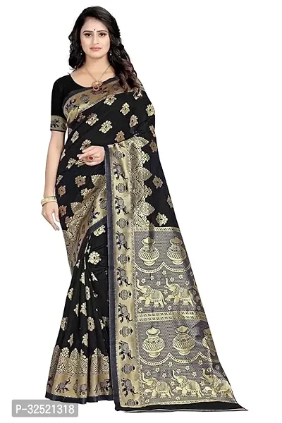 Beautiful Silk Blend Black Woven Design  Saree with Blouse piece For Women