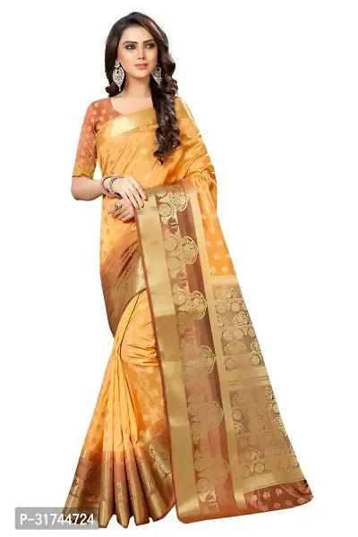 Beautiful Silk Blend Yellow Woven Design  Saree with Blouse piece For Women-thumb0