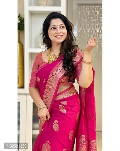 Beautiful Silk Blend Pink Woven Design  Saree with Blouse piece For Women