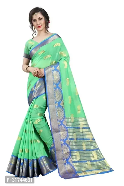 Beautiful Silk Blend Green Woven Design  Saree with Blouse piece For Women-thumb0