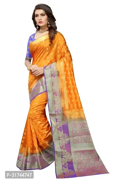 Beautiful Silk Blend Yellow Woven Design  Saree with Blouse piece For Women