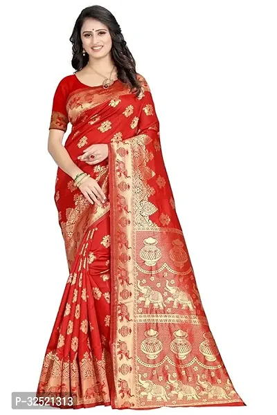 Beautiful Silk Blend Red Woven Design  Saree with Blouse piece For Women