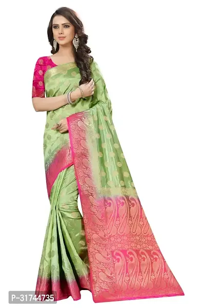 Beautiful Silk Blend Green Woven Design  Saree with Blouse piece For Women