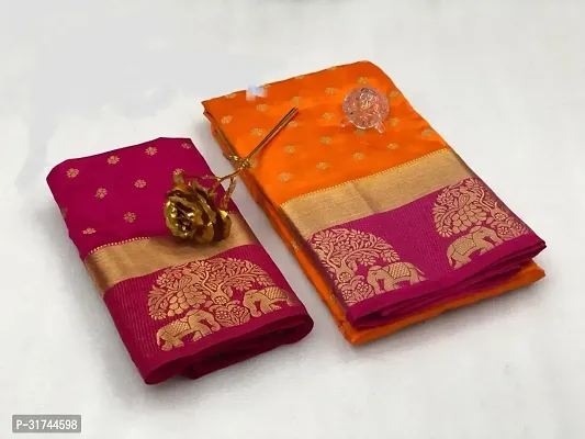 Beautiful Silk Blend Orange Woven Design  Saree with Blouse piece For Women