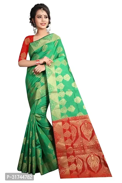 Beautiful Silk Blend Green Woven Design  Saree with Blouse piece For Women