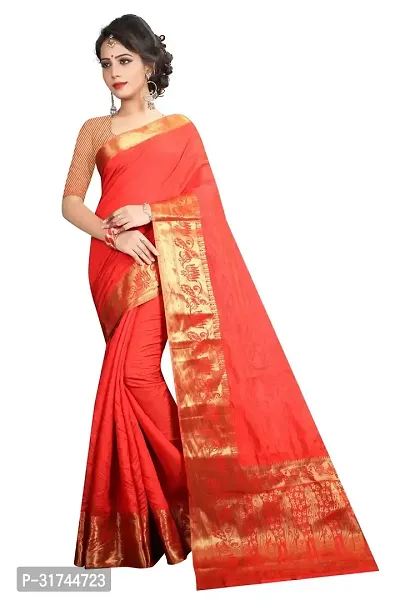 Beautiful Silk Blend Orange Woven Design  Saree with Blouse piece For Women-thumb0