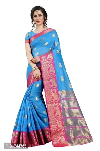 Beautiful Silk Blend Blue Woven Design  Saree with Blouse piece For Women