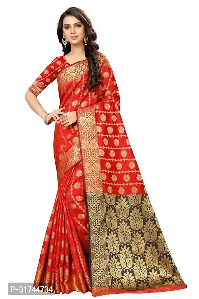 Beautiful Silk Blend Red Woven Design  Saree with Blouse piece For Women