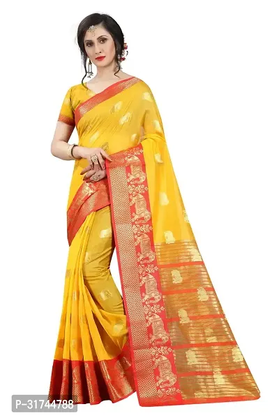 Beautiful Silk Blend Yellow Woven Design  Saree with Blouse piece For Women-thumb0