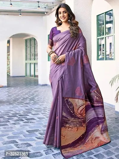 Beautiful Silk Blend Purple Woven Design  Saree with Blouse piece For Women