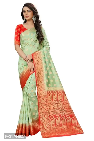 Beautiful Silk Blend Green Woven Design  Saree with Blouse piece For Women