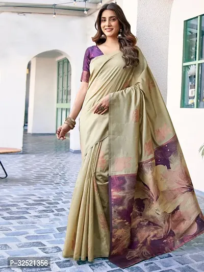 Beautiful Silk Blend Green Woven Design  Saree with Blouse piece For Women