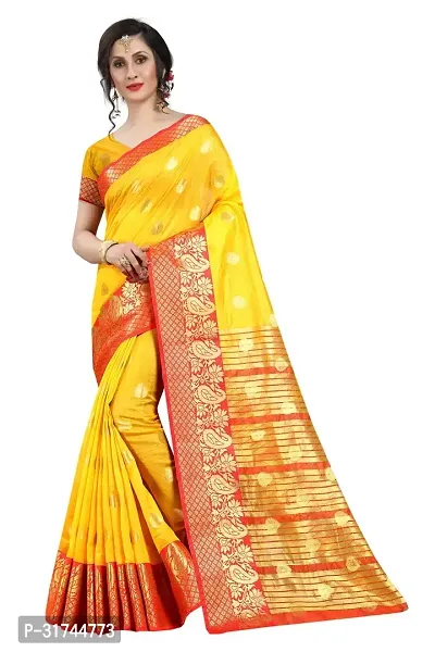 Beautiful Silk Blend Yellow Woven Design  Saree with Blouse piece For Women