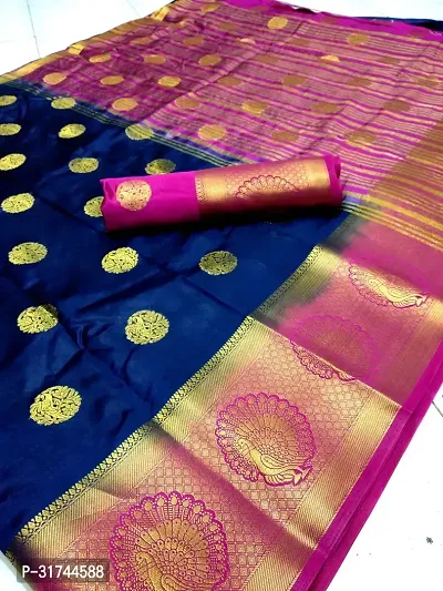 Beautiful Silk Blend Navy Blue Woven Design  Saree with Blouse piece For Women-thumb0